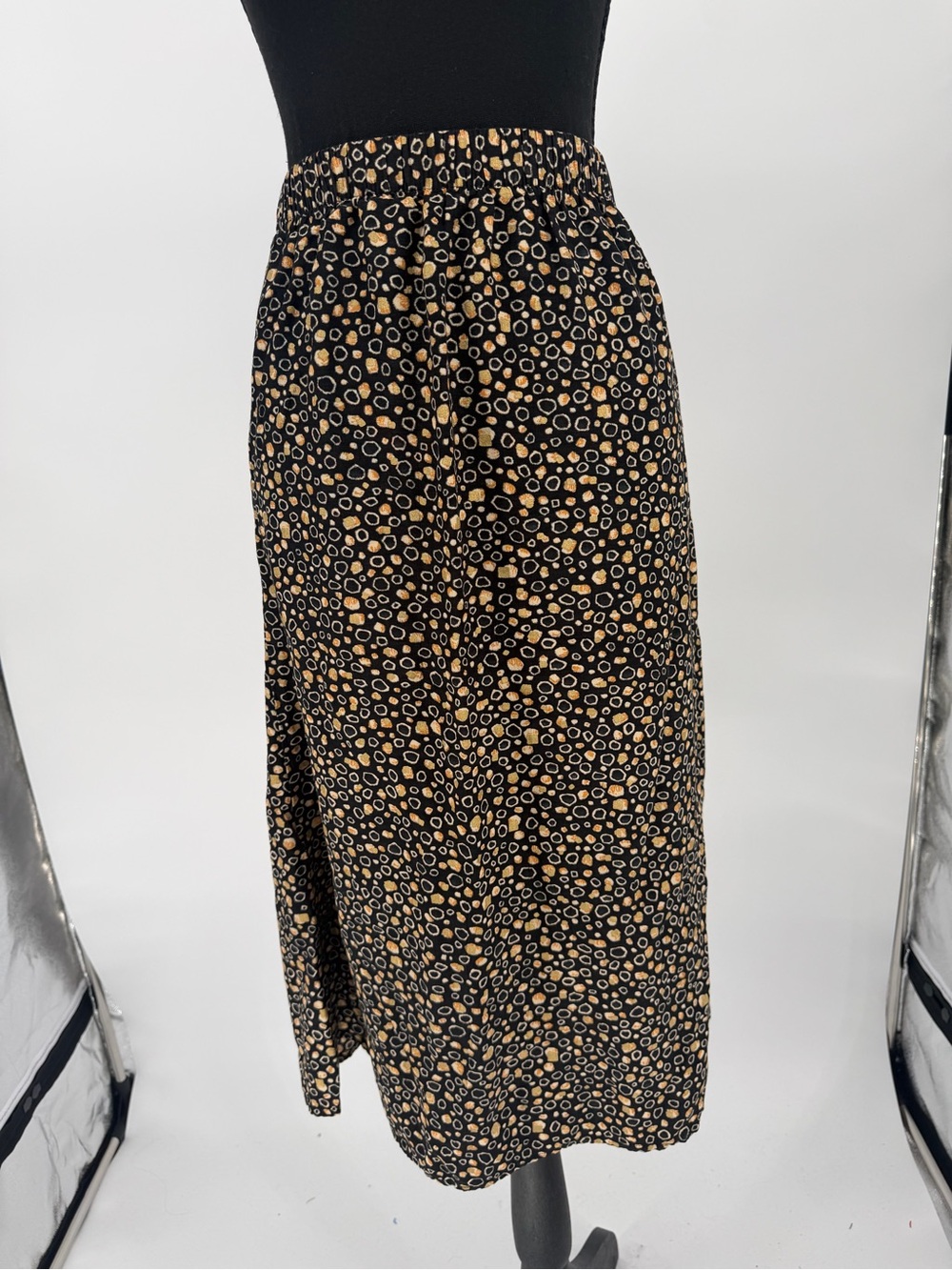 Black Midi Skirt‎ with Tan Spot Print - Elastic Waist